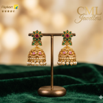 Gold-Plated Antique Floral Jhumka Earrings with Green & Ruby Pink Stones | CML JEWELLERS