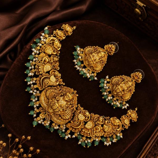 Antique Gold Temple Choker Set with Green Beads | CML JEWELLERS
