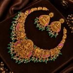 Antique Gold Temple Necklace Set with Green Beads | CML JEWELLERS