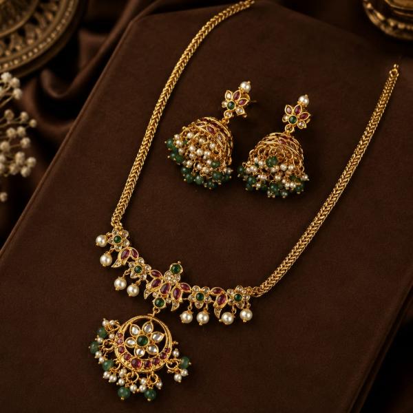 Antique Gold Floral Necklace Set with Jhumkas | CML JEWELLERS