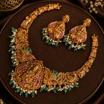 Antique Gold Temple Necklace Set with Green Beads | CML JEWELLERS